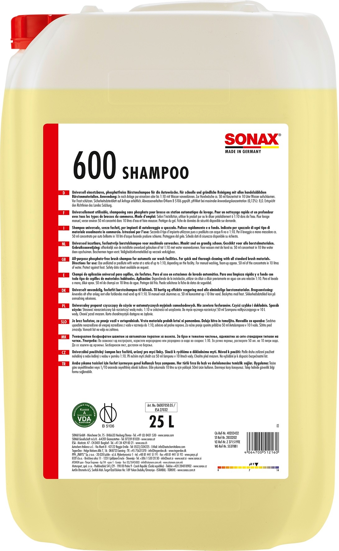 Автошампунь Sonax для щеточных моек со смягчителем воды без фосфатов 25 л